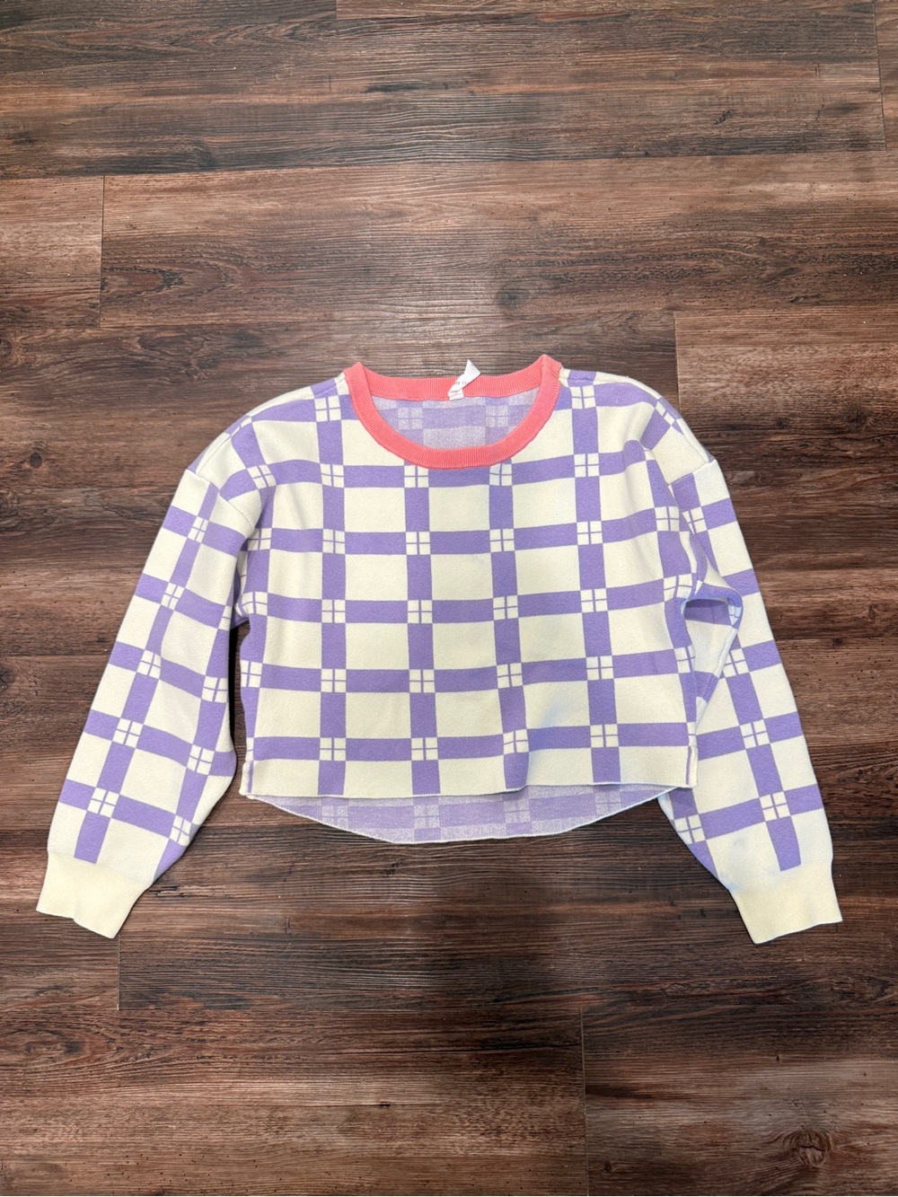 Daily Practice by Anthropologie Cropped Purple,
Pink and Cream Square, Knit Top